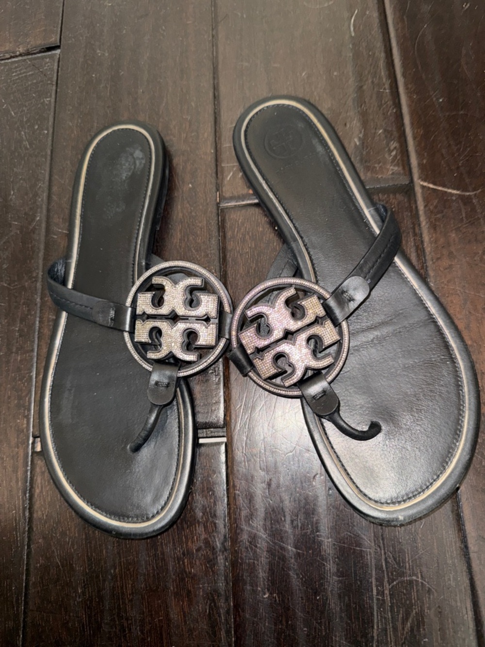 Tory Burch Black Leather Logo Toe-Post Sandals